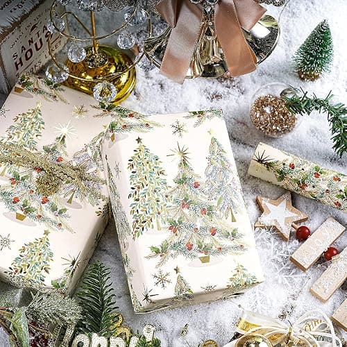 RUSEPEA Luxury Christmas Tree Wrapping Paper Roll, Mini Roll, Elegant Gold Foil Xmas Tree Gift Wrap Paper for Holiday Gifts, Party, DIY Crafts (17in x 16.4ft) thumbnail 4