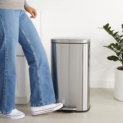 Amazon Basics Smudge Resistant Rectangular Trash Can With Soft-Close Foot Pedal, Brushed Stainless Steel, 30 litre/7.9 Gallon, Satin Nickel Finish, 13.8"L x 11.8"W x 25"H thumbnail 6