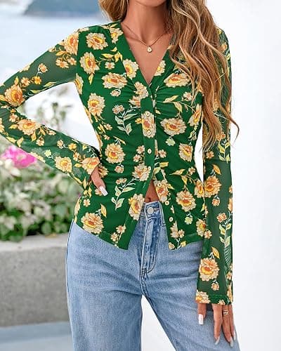 BTFBM Button Down Shirts for Women 2026 Spring Boho Tops V Neck Long Sleeve Blouses Ruched Mesh Fitted Fall Fashion thumbnail 5