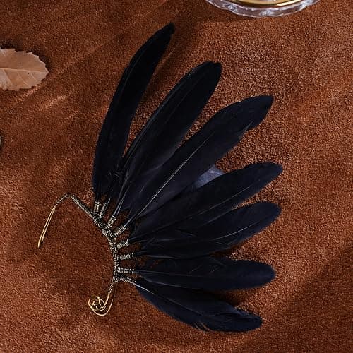 FRESHME Black Faux Feather Ear Cuffs - Indian Ethnic Plume Ear Clips Viking Tribal Earrings Bronze Wire Wrapped Fairy Elf Ear Cuffs Wraps Fantasy Jewelry for Unisex Cosplay Costume Dress Accessories thumbnail 6