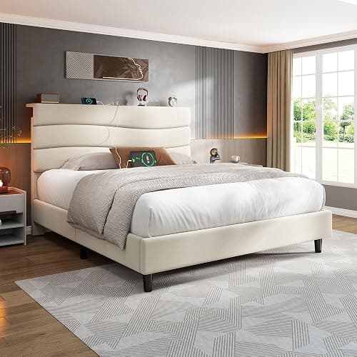 EnHomee Full Size Bed Frame with Fabric Headboard, Upholstered Full Bed Frame with 3 Charging Stations, Wooden Slats, Noise-Free, No Box Spring Needed, Beige thumbnail 5