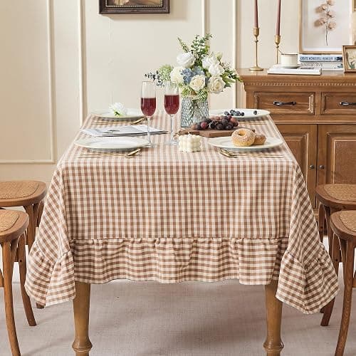 Fiokle Gingham Ruffled Tablecloth Rectangle Cotton Style, Taupe 52x70 | Farmhouse Checkered Table Cloth, Washable Shrinkle & Wrinkle Free Plaid Table Cover for Dinner, Holiday, Party thumbnail 4