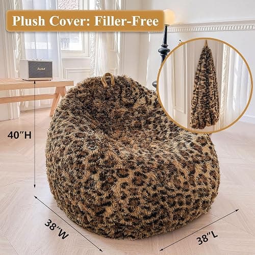 XeGe Faux Fur Leopard Print Bean Bag Chair Cover (No Filler), Fluffy Stuffed Animal Storage Cheetah Bean Bag Home Decor, Furry Fuzzy Big Beanbag Cover for Adults Teens Kids Girls, Anti-slip, Brown thumbnail 2
