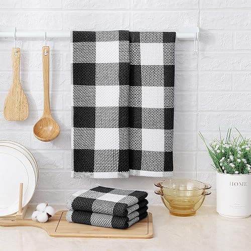 Mordimy 100% Cotton Waffle Weave Kitchen Towels, 13 x 28 Inches, Super Soft and Absorbent Buffalo Check Dish Towels for Drying Dishes, 4-Pack, Black & White thumbnail 2