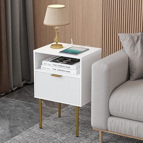 Modern Nightstand with Charging Station and LED Lights, White Bedside Table with Drawer, Fluted Side Table for Living Room, Bedroom thumbnail 7