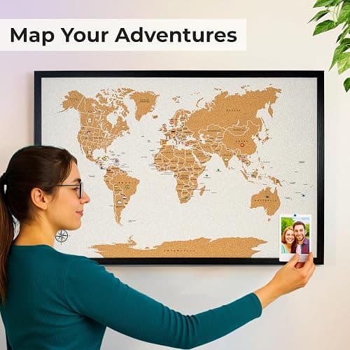 World Map Pin Board Large 30"x20" Framed | Cork Wall Map with Country Flags, Metallic & Colored Pins | World Travel Map with Pins | Unique Push Pin Map Gift for Travelers, Couples & Families. thumbnail 4