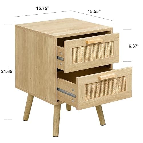 Finnhomy Nightstands Set of 2, Night Stands Set 2 with Hand Made Rattan Decorated Drawers, Nightstand, End Table, Bedside Tables Set of 2 for Bedroom, Natural, 2 Pack thumbnail 3