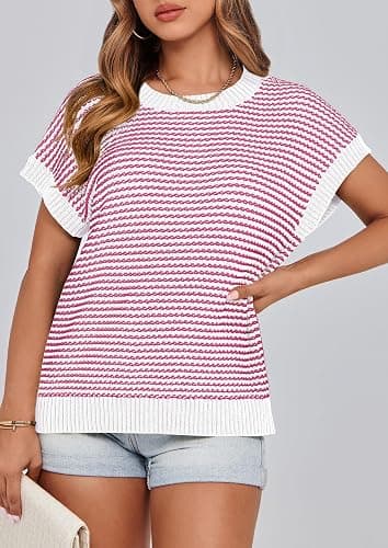 PRETTYGARDEN Womens Short Sleeve Sweater Spring Summer 2026 Round Neck Striped Pullover Cap Sleeve Knit Sweater Vest Tops thumbnail 7