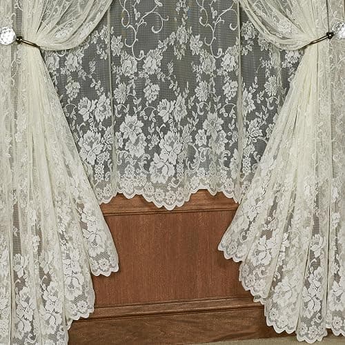 Enchanting Roses Luxury Lace Window Treatment, Ivory, 5 Pc Set | Sheer Polyester, Light Filtering, Rod Pocket, Machine Washable, Scallop Valance, 38"L Swag Pair, 63"L Panel & 2-95"L Panels thumbnail 3