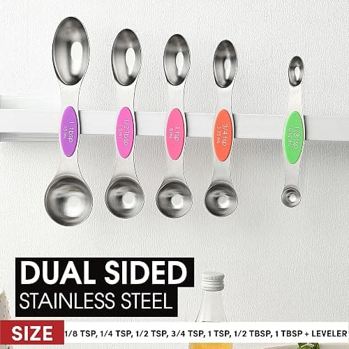 Spring Chef Stainless Steel Magnetic Measuring Spoons Set of 8 with Leveler, Nesting Metal Teaspoon & Tablespoon Measuring Spoons, Kitchen Gadgets for Baking & Cooking, Fits in Most Spice Jars - Neon thumbnail 4