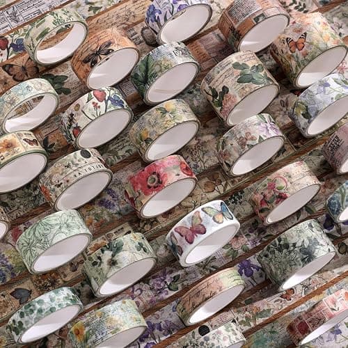 42 Rolls Vintage Washi Tape Set, Delicate Butterfly & Lush Floral Botanical Themed Writable Decorative Tapes with Retro Elements for Scrapbooking, Junk Journal Supplies, Bullet Journaling 5-25mm Wide thumbnail 4