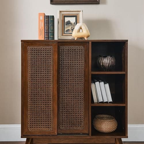 LKTART Mid Century Modern Storage Cabinet with Rattan Sliding Doors and Open Shelves, Boho Style Wooden Sideboard Buffet for Living Room,Dark Walnut thumbnail 8