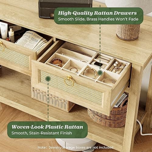 SUPERJARE Rattan Console Sofa Table with Outlets and USB-C Port, 3 Drawer Entryway Table with Synthetic Rattan Surface, Open Shelf, Behind Couch Entry Foyer Hallway Storage, Natural thumbnail 6