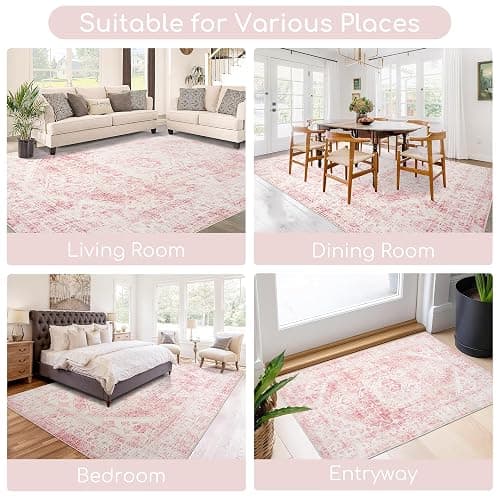 5x7 Washable Pink Area Rug, Upgraded Denser Surface Vintage Rugs, Honeycomb Non-Slip Backing Living Room Rug, Easy Care Foldable Rugs for Living Room Bedroom Kitchen Dinning Room Home Office thumbnail 8