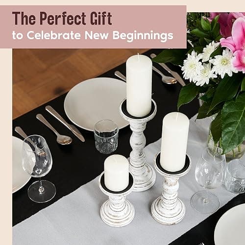 Large Candle Holders for Pillar Candles - Rustic Farmhouse Style Home Decor - Perfect for Table Centerpieces, Coffee Table or Fireplace Mantel - 3 Piece Set - White thumbnail 7