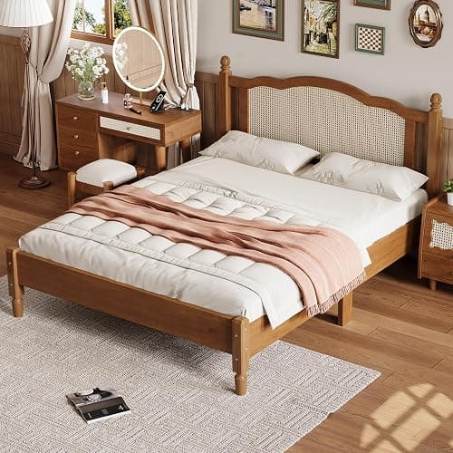 Anwick Queen Size Boho Rattan Bed Frame with Headboard, Noise-Free | Walnut Wooden Platform Bed Wooden Slat Support Silent, Vintage Bedframe , No Box Spring Needed thumbnail 8