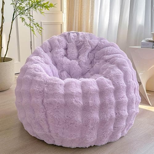 LIFEREVO Fluffy Faux Rabbit Fur Bean Bag Cover (No Filler), Big Fuzzy Stuffed Animal Storage Bubble Waffle Bean Bag Chair for Plush Toys, Comfy Shaggy Furry Beanbag Cover Kids Girls Adults, Lavender - Image 1