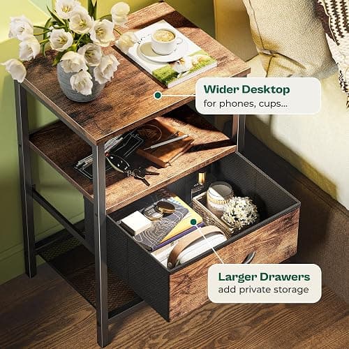 Huuger Nightstand Set of 2, Night Stand with Fabric Drawer, Mesh Shelf, Side Table with Storage, Fabric Drawer Dresser, Open Shelf, Metal Frame, Bedroom, Rustic Brown - 2 - Rustic Brown thumbnail 6