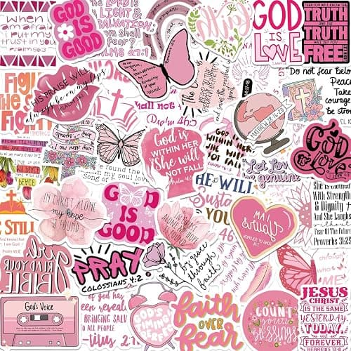 50 PCS Bible Verse Stickers Jesus Inspirational Pink Christian Stickers Faith Bible Scripture Sticker Religious Sticker for Adults Faith Based Gifts - Image 1