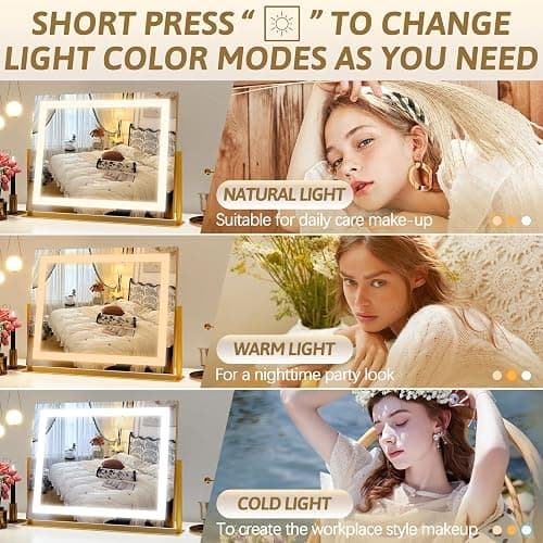 ROLOVE Vanity Mirror with Lights 22"x18", Lighted Makeup Mirror with 10X Magnification, Smart Touch 3 Colors Dimmable, 360° Rotation, Women Gift, Dresser Mount, Bathroom (Gold) thumbnail 3