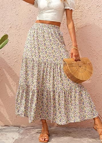 KIRUNDO Women 2026 Spring Summer High Waist Boho Floral Maxi Skirt Trendy Casual Flowy Swing Pleated A Line Beach Long Skirts thumbnail 5