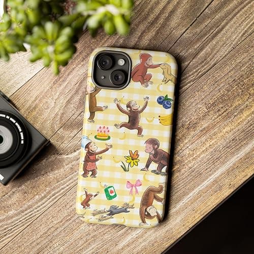 Curious Monkey & Banana George Coquette Photo Phone Case Compatible with iPhone 12/12Pro, Protective Hybrid 2-Layer Hard Shell, Cute Curious Monkey Collection Gingham Bow thumbnail 6