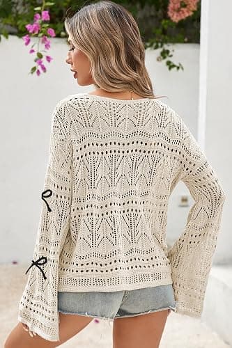 Cakulo Womens Summer Fall Crochet Bell Sleeve Tops Off The Shoulder Knit Sweater Top Fashion Beach Cover Up thumbnail 3