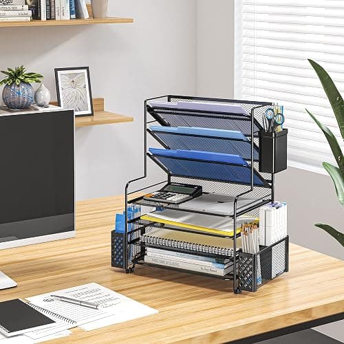 Simple Trending 7 Tier Desk File Organizer, Letter Tray Paper Organizer with Pen Holder and Metal Hanging Basket, Black - Black thumbnail 6
