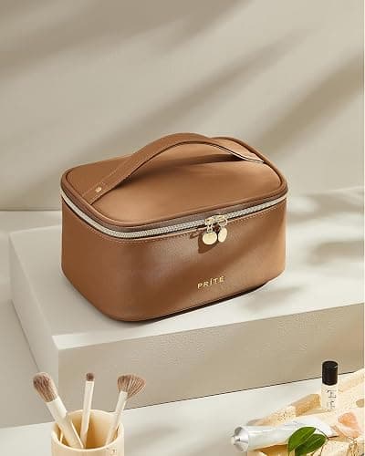 Prite Makeup Bag Portable Cosmetic Organizer with Brush Holder Waterproof Travel Toiletry Bag for Women with Handle and Divider (Brown) thumbnail 2