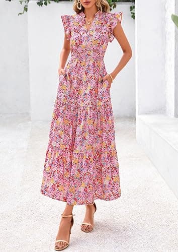 PRETTYGARDEN Women's 2026 Summer Floral Midi Dress Cap Sleeve V Neck Ruffle Long Flowy Boho Casual Beach Vacation Dresses thumbnail 7