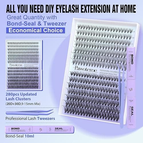 Pawotence Lash Extension Kit DIY 280pcs Individual Lash Clusters Kit 20D&30D Natural 9-15mm Cluster Eyelash Extensions Kit with Lash Bond and Seal, Tweezers for Self Use (20D&30D, 0.07D, 9-15mm, Kit) thumbnail 2