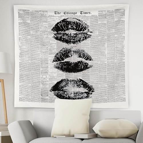 WNAGT Vintage the Chicago Times Newspaper Tapestry Wall Hanging, Retro Chic Black and White Minimalist Kiss Lips Wall Blanket Decor for Girls Bedroom Dorm Apartment Home, 50x60 Inch thumbnail 2