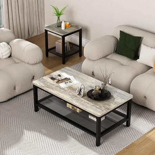 AWQM Coffee Table Set of 3, Industrial Coffee Table with 2 Square End Side Tables, Modern Living Room Table Set with Metal Frame for Apartment Home Office, Grey thumbnail 5