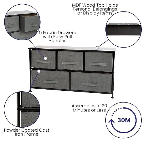 EMMA + OLIVER 5 Drawer Storage Chest with Black Wood Top & Dark Gray Fabric Pull Drawers thumbnail 4