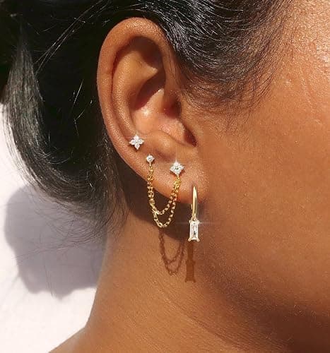 Gold Chain Stud Earrings for Women Trendy Minimalist 14K Gold Small Huggie Hoop Birthstone Earring Sets for Multiple Piercing Hypoallergenic Earring Stacks thumbnail 3