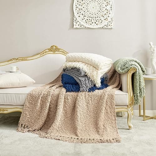 Amélie Home Knit Throw Blanket with Tassels for Couch, Luxury Boho Throw Blanket for Summer Ivory, 50"x60" thumbnail 7