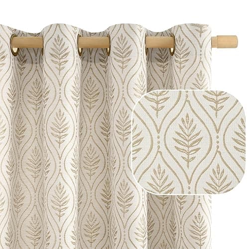 BGment Beige Linen Curtains for Living Room, French Country Leaf Jacquard Botanical Pattern Cottage Core Boho Vintage Grommet Light Filtering Semi Sheer Linen Curtains, 2 Panels, 52 x 84 Inch - Image 1
