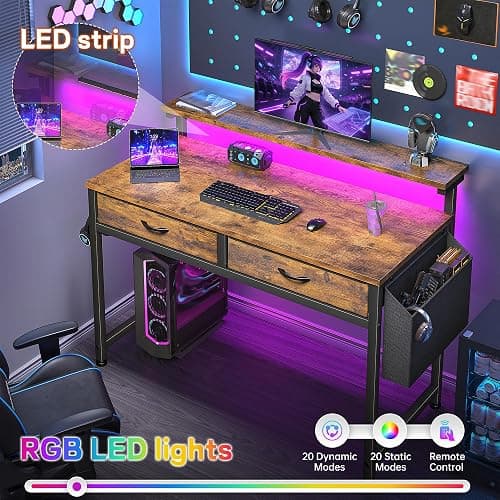 DurayLoly Gaming Desk with 2 Drawers &LED Lights,Space Saving,Rustic Brown | Computer Desk with Ergonomic Monitor Stand,Office Desk with Side Pocket and Hook,Study Writing Table for Small Spaces thumbnail 5