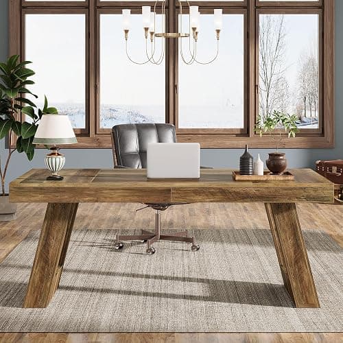 Tribesigns 63 Inches Wood Executive Desk, Large Home Office Computer Desk with Double Pedestal, Industrial Study Writing Table, Business Workstation for PC Laptop, Rustic Brown thumbnail 4
