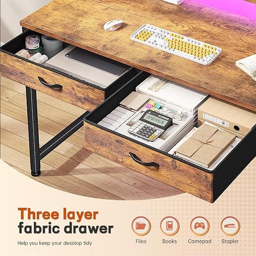 DurayLoly Gaming Desk with 2 Drawers &LED Lights,Space Saving,Rustic Brown | Computer Desk with Ergonomic Monitor Stand,Office Desk with Side Pocket and Hook,Study Writing Table for Small Spaces thumbnail 3