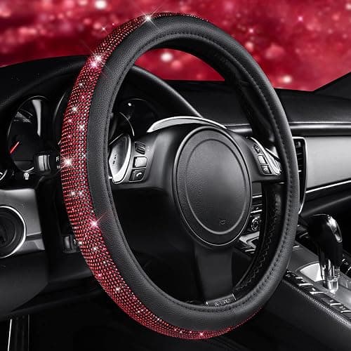 CAR PASS Red Diamond Black Leather Steering Wheel Cover, with Bling Crystal Rhinestones Universal Fit 14" 1/2-15" Crystal Glitter for Women Sparkle Girl Fit Suvs,Vans,Sedans,Cars,Trucks, Red Diamond thumbnail 2