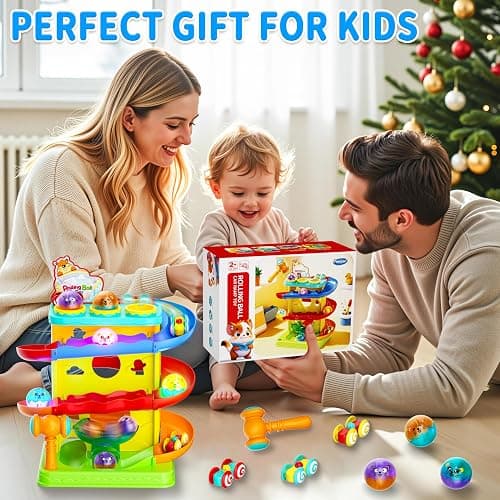 Funwee 2-in-1 Rolling Ball & Racing Car Ramp Toy for Toddlers, Race Track Hammer Lights Ball Drop, Interactive Montessori Learning Game Birthday Gift Idea for Kids 1 2 3 4 5+Year Old Girl Boy(Yellow) thumbnail 6