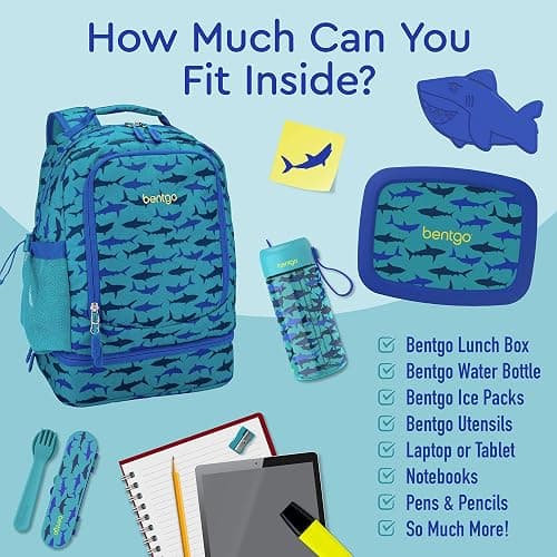 Bentgo Kids 2-in-1 Backpack & Insulated Lunch Bag - Durable 16” Backpack & Lunch Container in Unique Prints for School & Travel - Water Resistant, Padded & Large Compartments (Shark) thumbnail 4