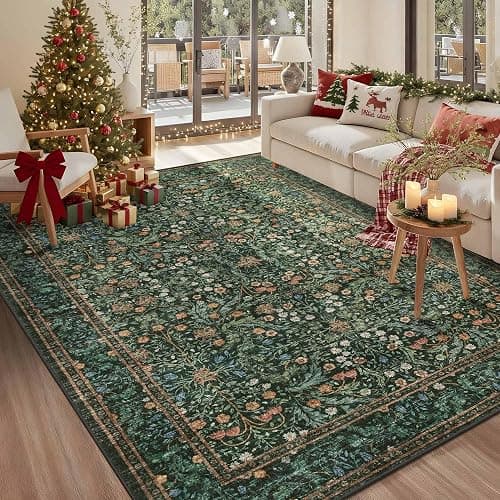 Rugxara 5x7 Area Rugs for Living Room Bedroom, Large Washable Rug, Green Vintage Floral Boho Rug, Non Slip & Low Pile Faux Wool Thin Carpet for Indoor Dining Room and Kids Room(Green 5x7ft) - Image 1