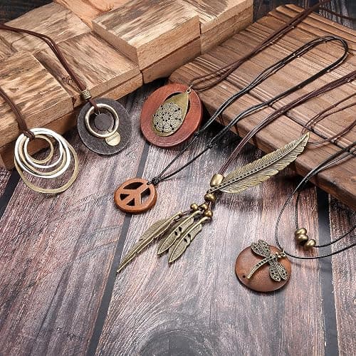 SAILIMUE 6Pcs Long Pendant Necklaces for Women Boho Vintage Wood Fall Sweater Necklaces Set Statement Feather Dragonfly Peace Sign Y Necklace Hippie Handmade Fashion Jewelry Accessories thumbnail 7