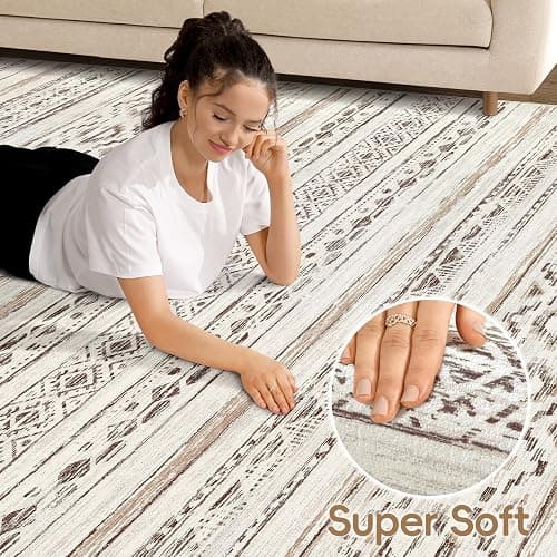 Large Living Room Area Rug 9x12: Soft Machine Washable Boho Moroccan Farmhouse Rugs for Bedroom Under Dining Table - Non-Slip Neutral Morden Indoor Floor Rug Carpet for Home Office Decor - Cream Brown thumbnail 4
