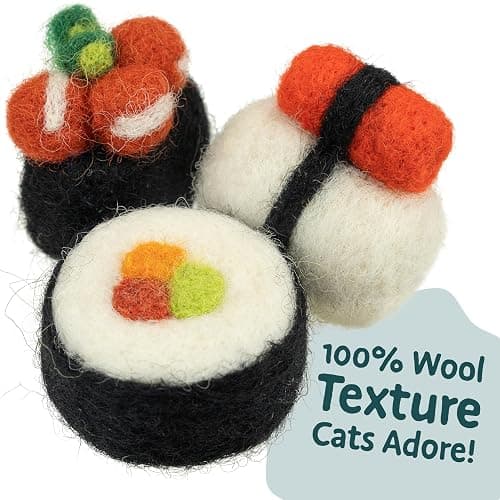 Woolbuddy Sushi Cat Toy Set – Wool Felt Interactive Toys for Indoor Cats & Kittens, Catnip-Free, Durable, Cute Enrichment Toys for Bored Cats, Natural Wool Dental & Hunting Play (Small – 9 Pcs) thumbnail 3