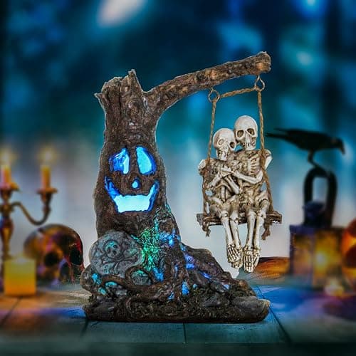 Halloween Skull Statue with Spooky LED Light for Home Indoor Decorations | Halloween Decor with Romantic Skeleton Couple on Swing Dead Tree, Resin Skull Party Centerpieces Holiday Collectible Gift - Image 1