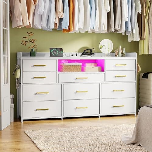 EnHomee LED Dresser for Bedroom with Charging Station,11 Drawers & 4 Hooks | Dresser TV Stand for 50 55 60 inch TVs for Living room,Storage Chests of Drawers with 2 Wood Shelve,White PU Leather thumbnail 2