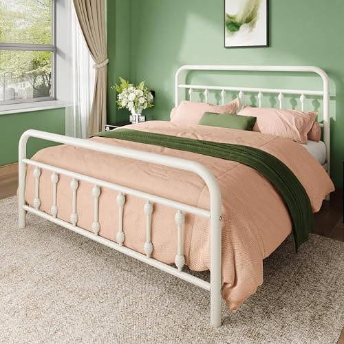 Allewie 14 Inches Queen Size Metal Platform Bed Frame with Victorian Style Iron-Art Headboard/Footboard, Mattress Foundation, Easy Assembly, Under Bed Storage, No Box Spring Required, Off White thumbnail 3